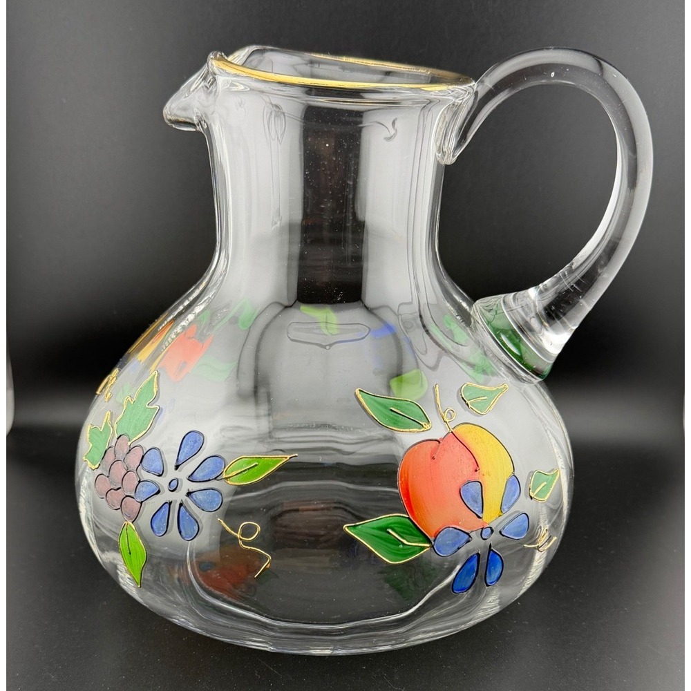 Glass Pitcher 8.5in Clear Hand Painted Fruit Floral Gold Rim Vintage READ